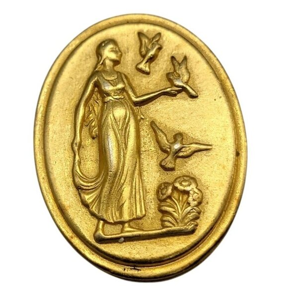 Helen of Troy Cameo Brooch Gold Plated Intaglio Signet Oval Greek Scene Vintage - Picture 4 of 8
